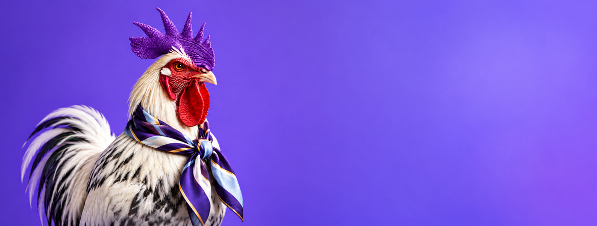 Gallo con pañuelo violeta, mascota de JustPollo